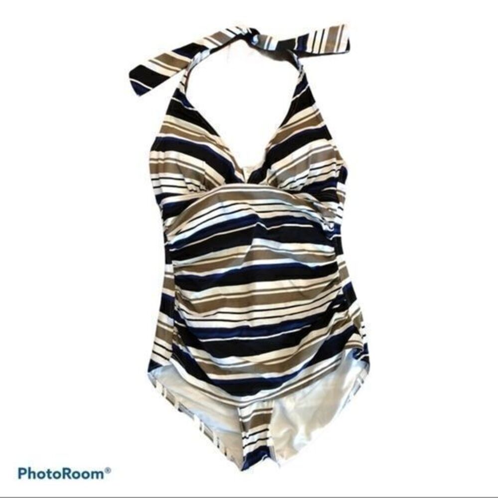 Tommy Bahama blue white brown one piece swimsuit